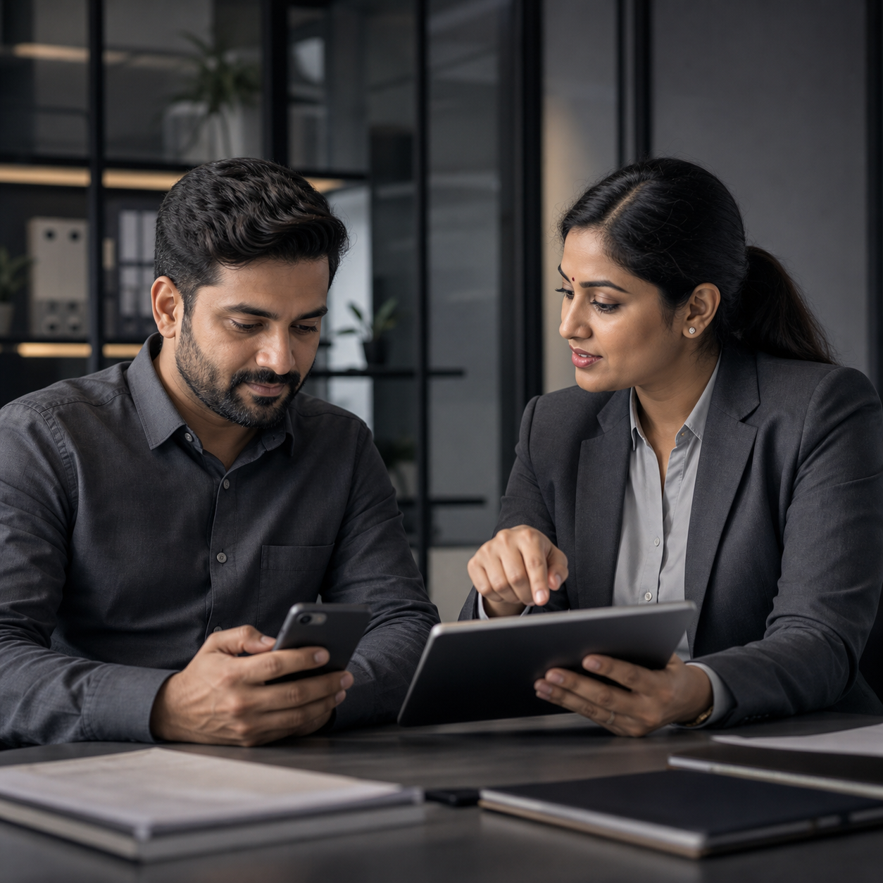 Indian relationship manager reviewing a payment plan with a business customer