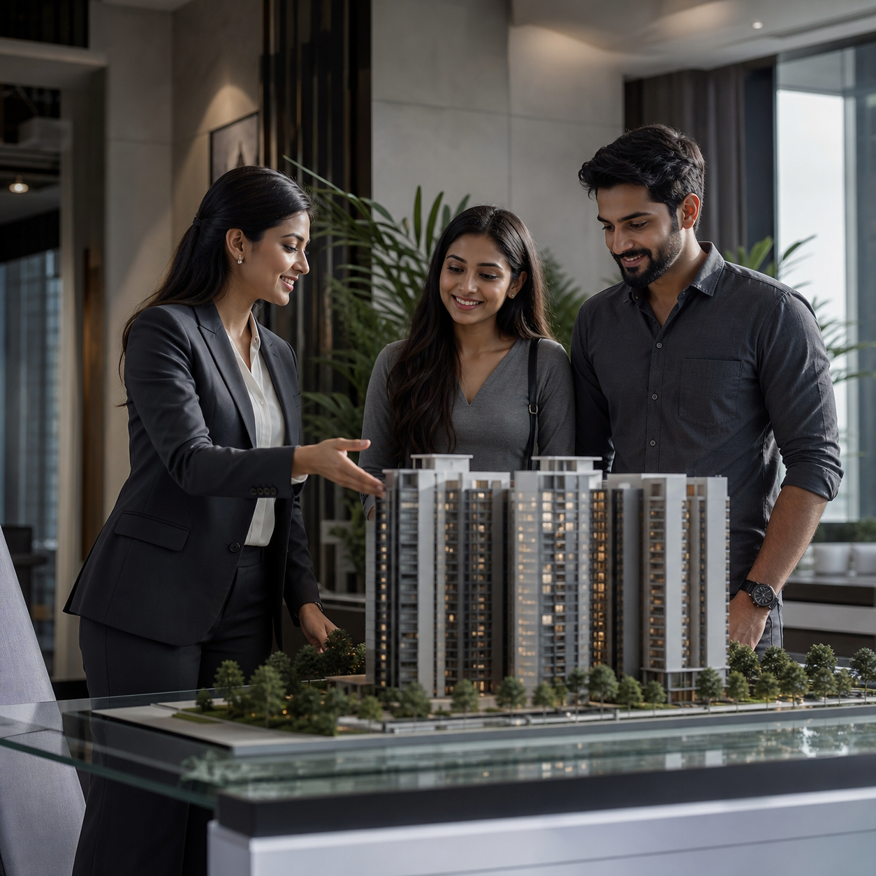 Indian property advisor discussing a residential development with prospective buyers